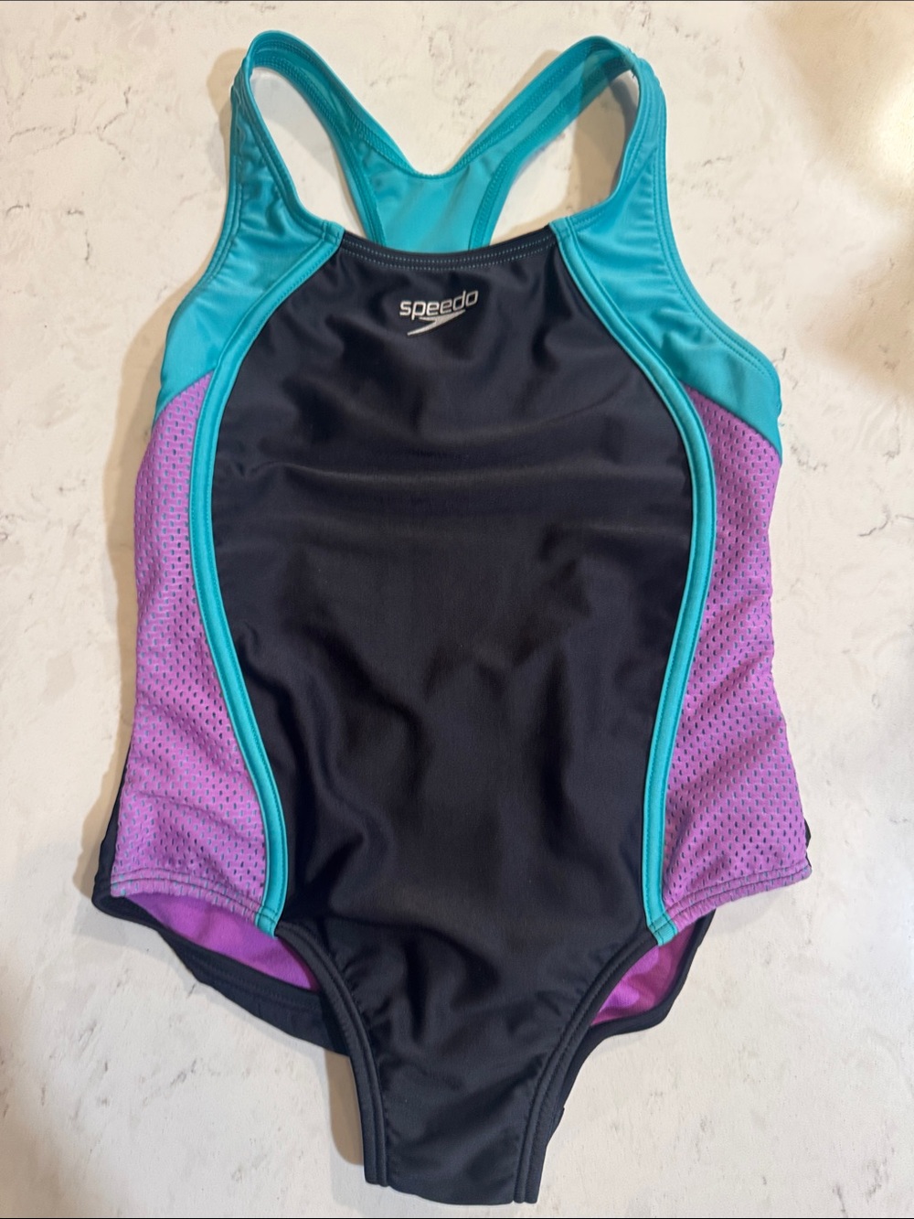 Speedo Black Turquoise Purple Girls Racerback One-Piece Swim Suit